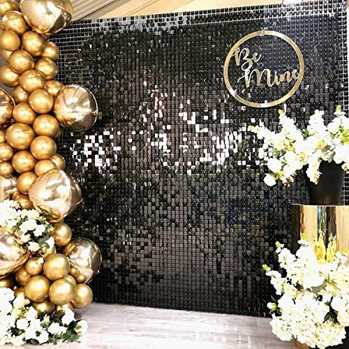 Image of COKAOBE Black Shimmer Wall Backdrop, 24PCS Square Sequin Shimmer Backdrop Panel, Photo Backdrops for Birthday, Anniversary, Wedding, Graduation & Bachelorette Party Decoration
