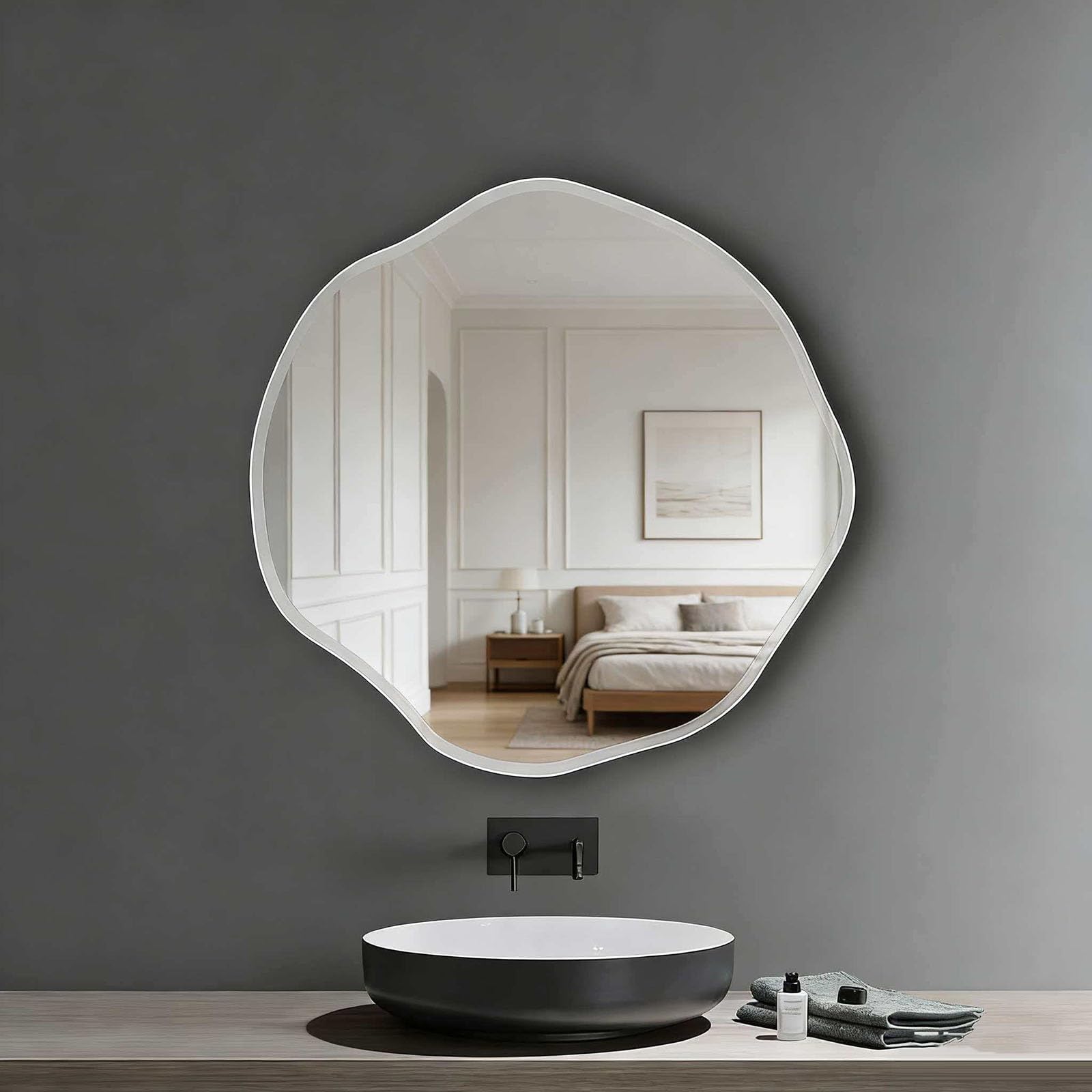 SXFSDOU Frameless Bevelled Edge Wall Mirror, Irregular Design, Polished Finish, Shatterproof, HD Vanity Mirror for Bathroom