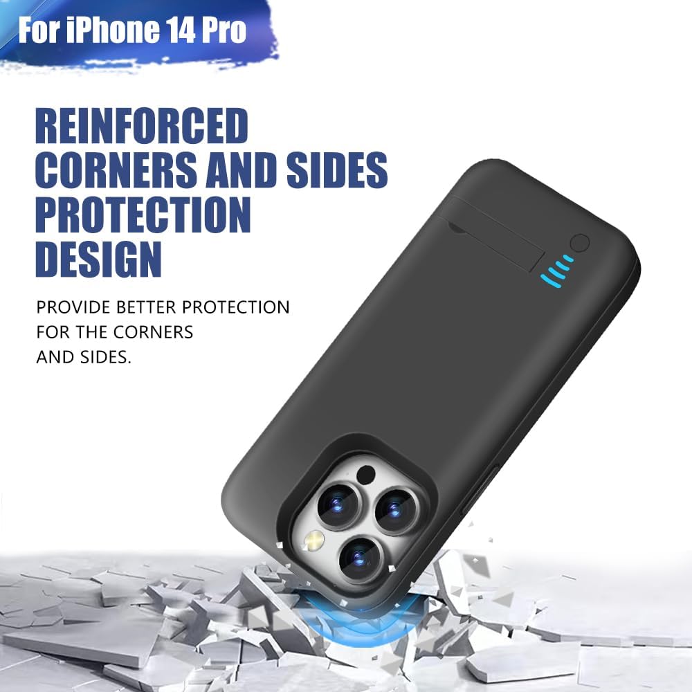 Battery Case for iPhone 14 Pro, 5000mAh Rechargeable Extended Battery Charging Charger Case, Add 100% Extra Juice (6.1 Inches) Black