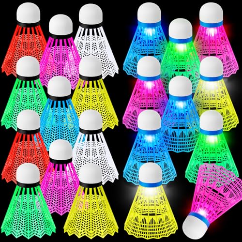 Soulchen 24 Pcs Badminton Birdies and Glow in the Dark LED Shuttlecocks Set for Badminton Indoor Outdoor Training Exercise Gym Sports Activities (Plastic Mixed Color)