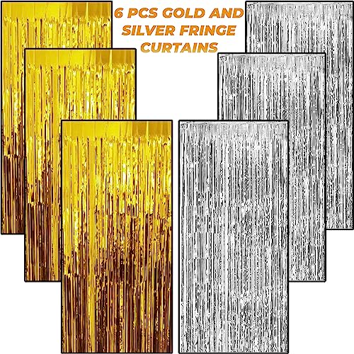 Image of 6 Pieces Foil Fringe Tinsel Party Curtains for Photo Backdrop (Gold-Silver)
