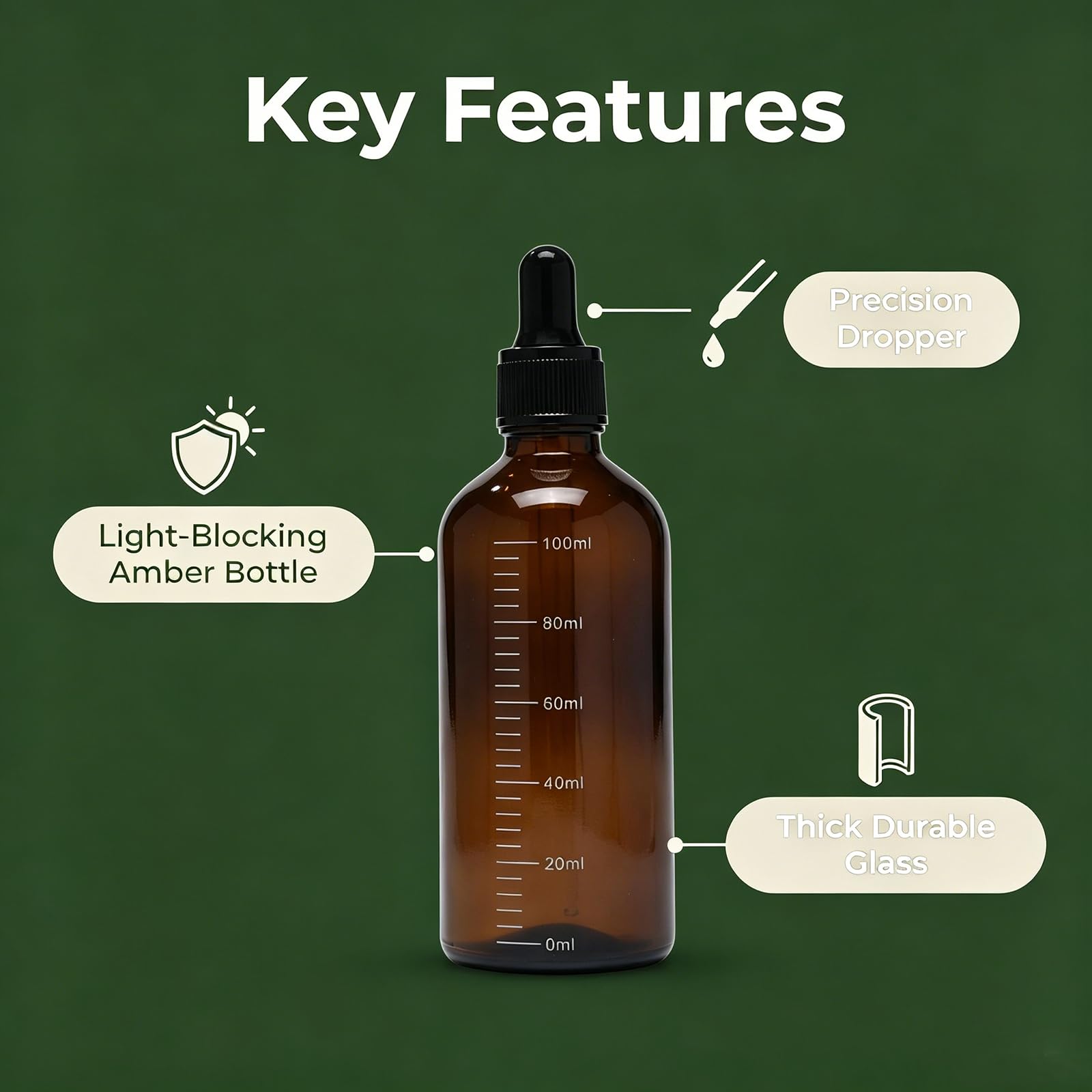 QUUPY Botella de vidrio ámbar con cuentagotas de vidrio, recargable, escala graduada, difusor de aceite esencial, mezcla de aceite de belleza, paquete de 3, 100 ml