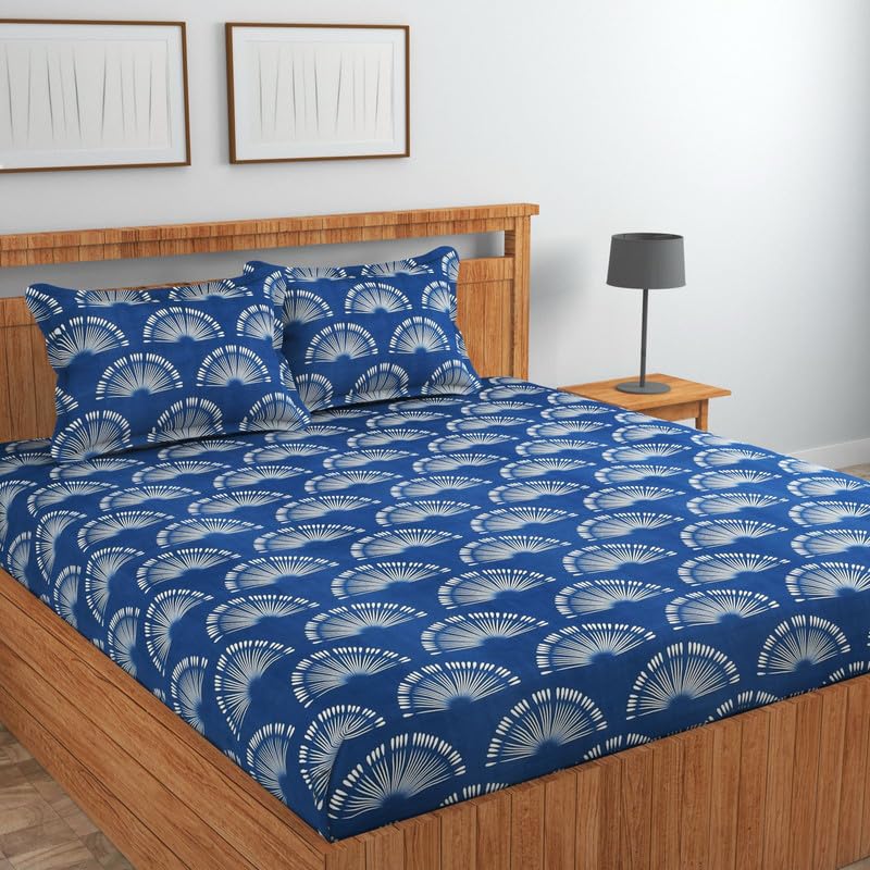 Image of Jashan Premium Cotton Fitted Bedsheets with 2 Pillow Covers for King Bed | 200-220 TC | Size 78x72+10 Inches | Navy Blue | Soft, Durable, All-Around Elastic Modern Collections