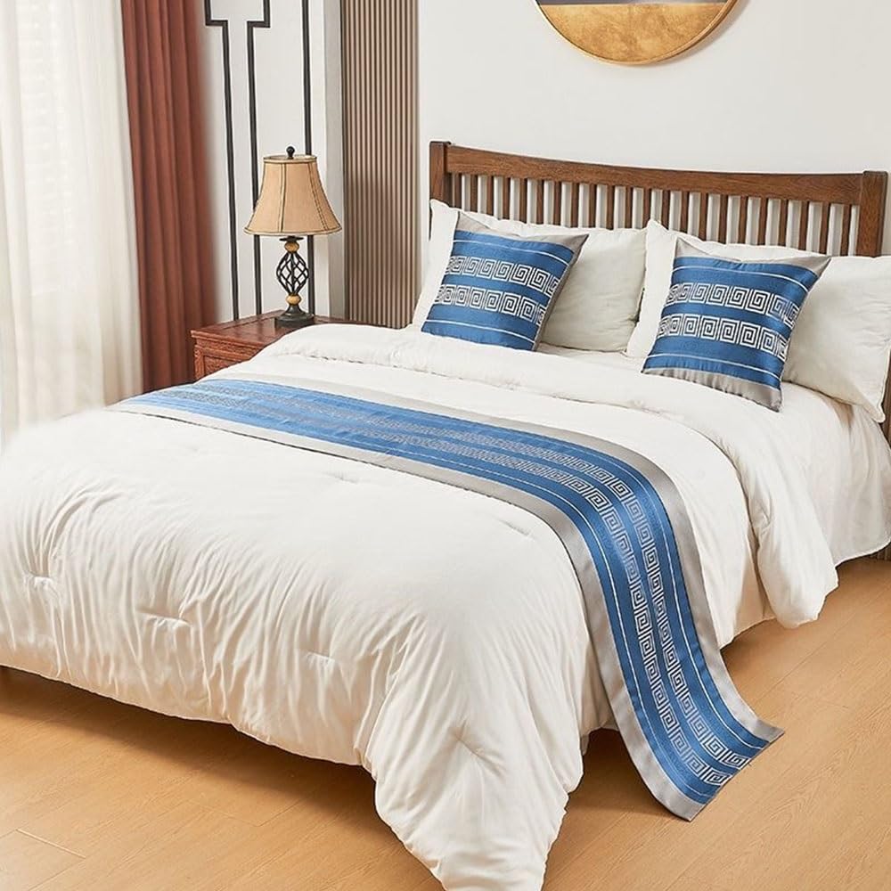 Lot de 3 chemins de lit fleuris bleu 50x180 cm aux finitions raffinées