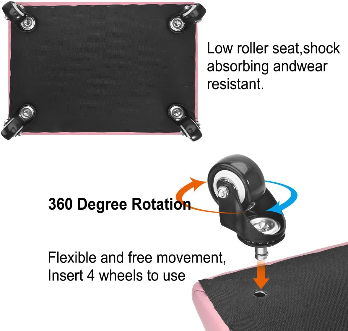 Low Rolling Stool Chair Low Roller Seat Low Stool with Wheel Low Chair Movable Mini Stools for Home Office Garage Pedicure Mechanic Cleaning Floor (Pink)