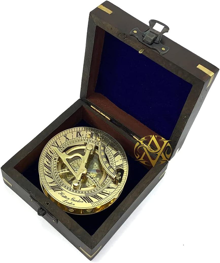 Marine Sailor Boat Gimbals Shiny Brass Binnacle Compass & Nautical Sundial Compass in Wooden Box