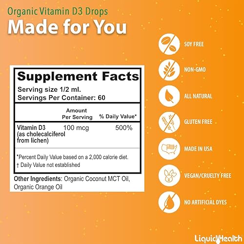 Miniatura 5 de LIQUIDHEALTH Vitamina D3 4000 UI, gotas líquidas orgánicas de vitamina D USDA para adultos y niños, vitamina D vegana para apoyo del sistema