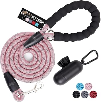 GORILLA GRIP Dog Leash, Heavy Duty Reflective Rope Leashes for 33lb Dogs, Cats, Small Animals, Puppy Training Essential for Walks, Hikes, Soft Handle, Rotating Metal Clip, Waste Bag Dispenser, Pink