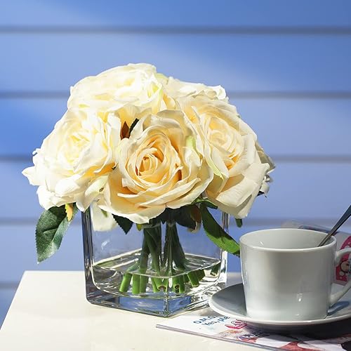 Miniatura 7 de Flores artificiales en jarrón, arreglos florales falsos en jarrón con agua sintética para bodas, mesa de comedor (crema)