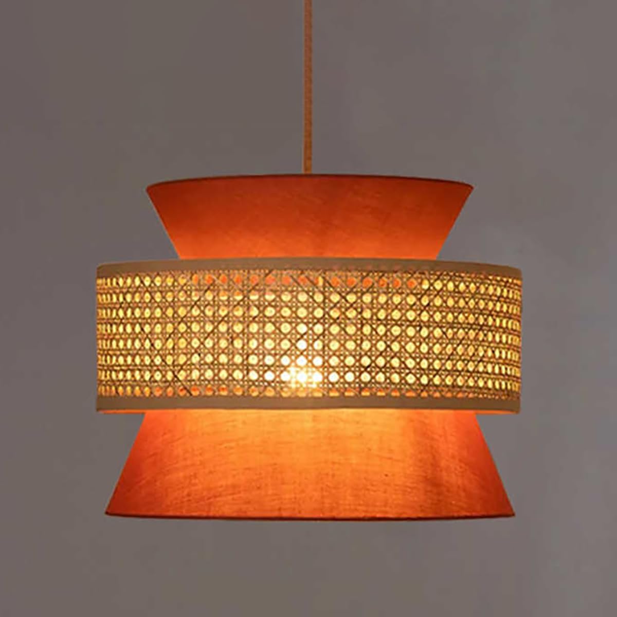 Feomcts Wicker Chandelier Bamboo Pendant Light Rattan Ceiling Light with Orange fablic Shade Boho Lamp Light Fixture Hand Woven Rattan Pendant Light