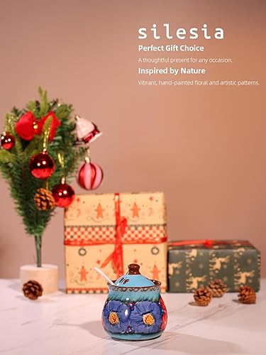 Miniatura 7 de silesia Azucarero hecho a mano con tapa y cuchara, tarro de azúcar de cerámica pintado a mano de 9 onzas para el hogar en caja de regalo, decoración