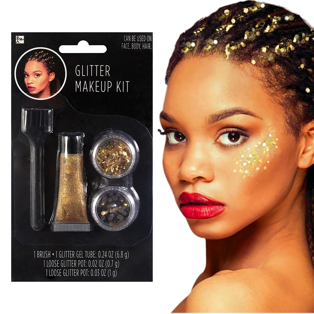Gold Glitter Make Up With Applicator - 1 Set -Stunning, Perfect Costume Accessory For Festivals, Parties, Halloween, Cosplay & Events
