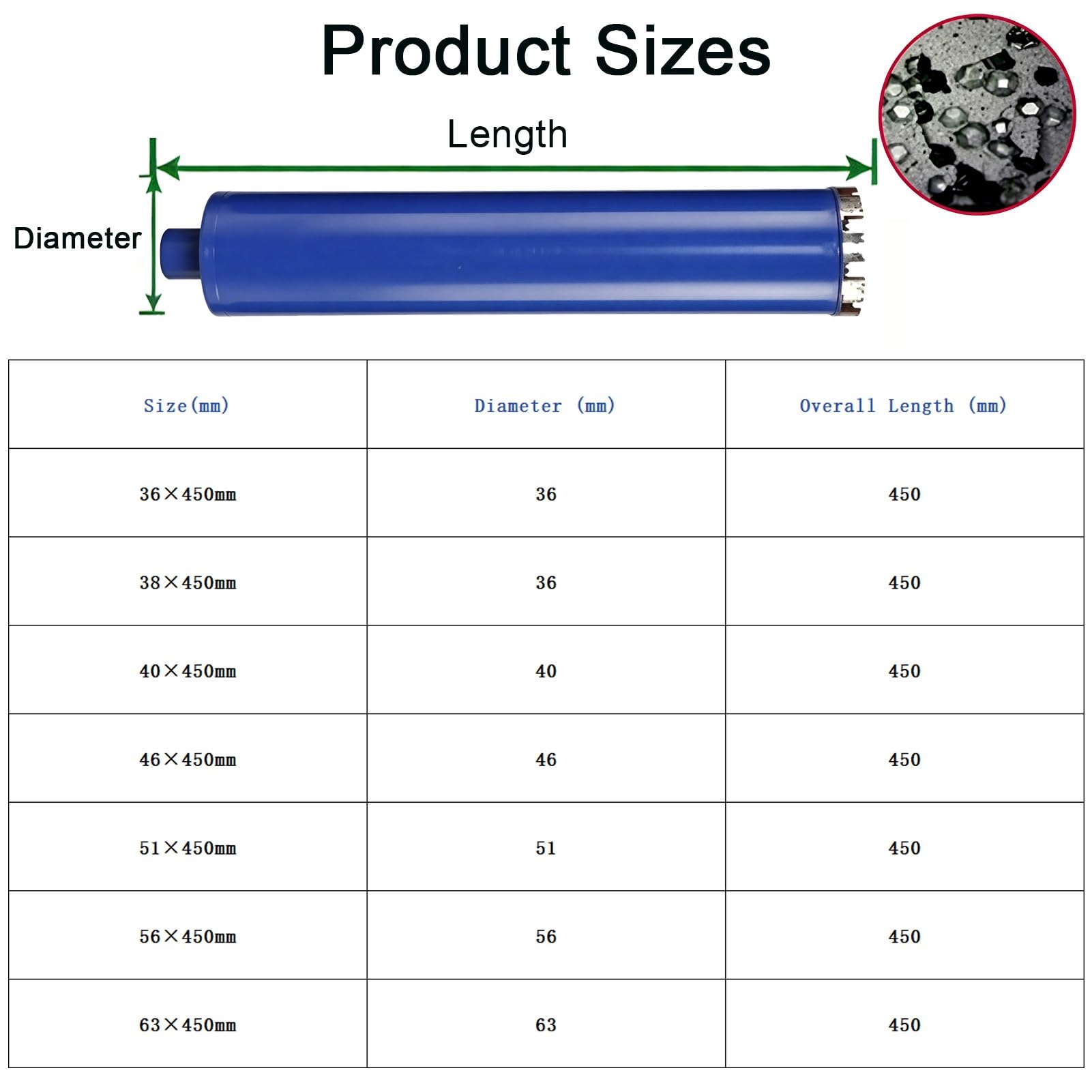 Punta diamantata da 450 mm a umido 1¼" UNC per SDS Plus, sega a tazza diamantata Ø 36-63 mm per calcestruzzo, muratura, mattoni, pietra(38x450mm)