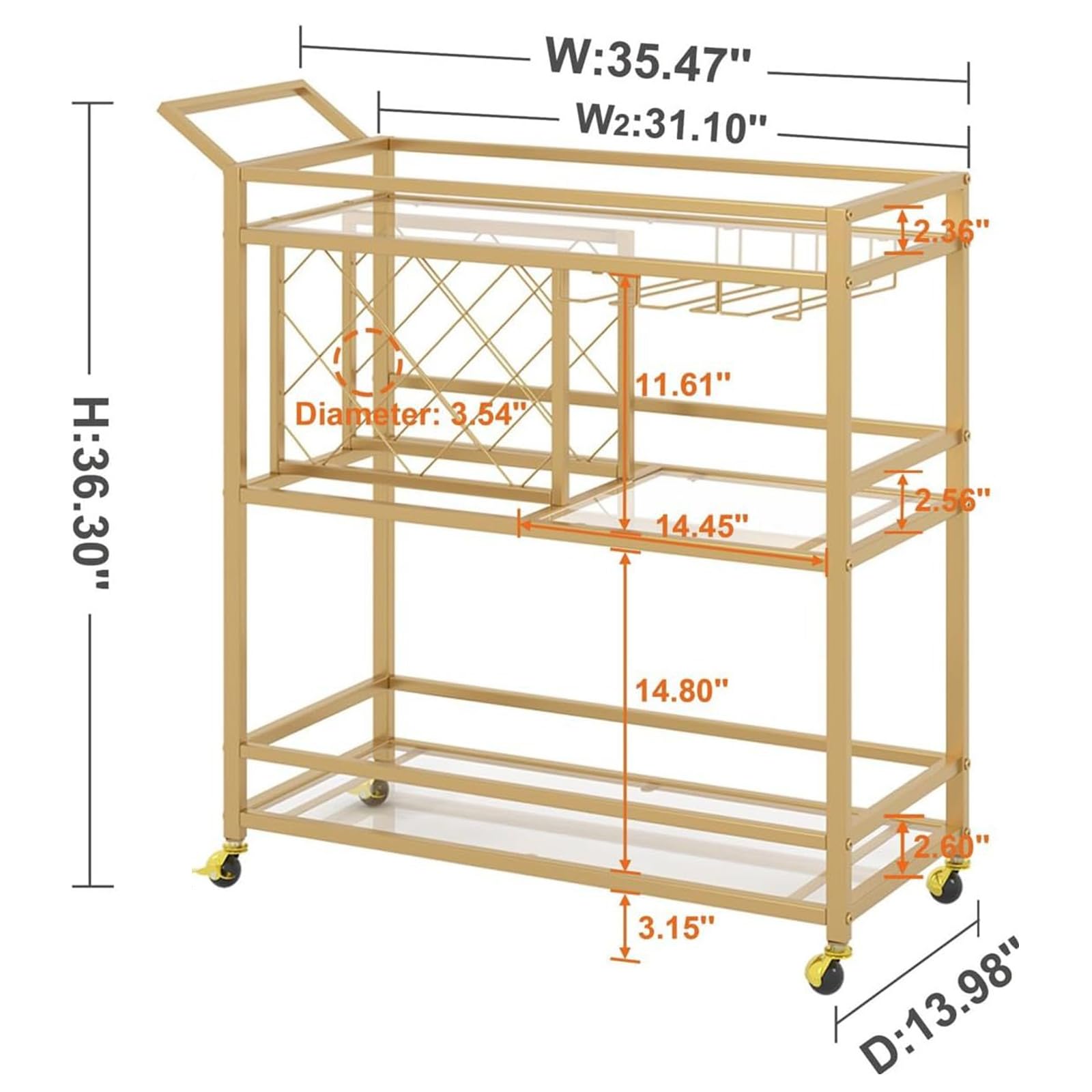 Golden Hanging Wine Glass Rack Storage Organizer with Movable Wheels Ideal for Living Rooms Offices and Kitchens 35.47x13.98x36.3in