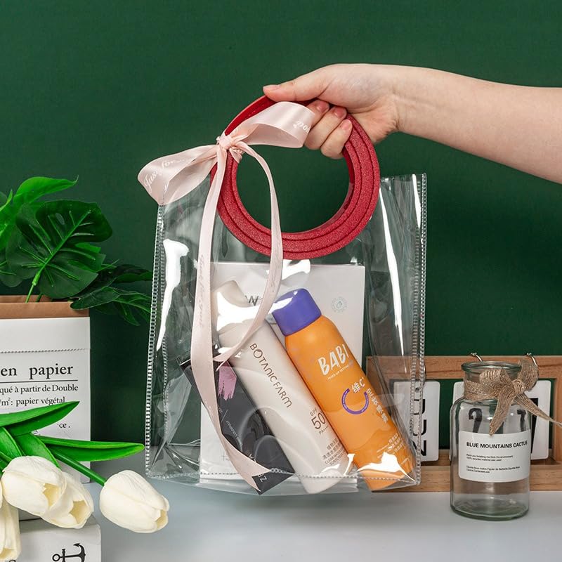 Image of SATYAM KRAFT 6 Pcs Transparent Reusable Leather Goodie Bags | Elegant Gift Bags for Her /Him Wedding Return Favors, Engagement Hampers, Marriage, Birthday & Festival Gifting | Handle Hamper Shopping Carry Bags (Red Round (28 x 25 cm))