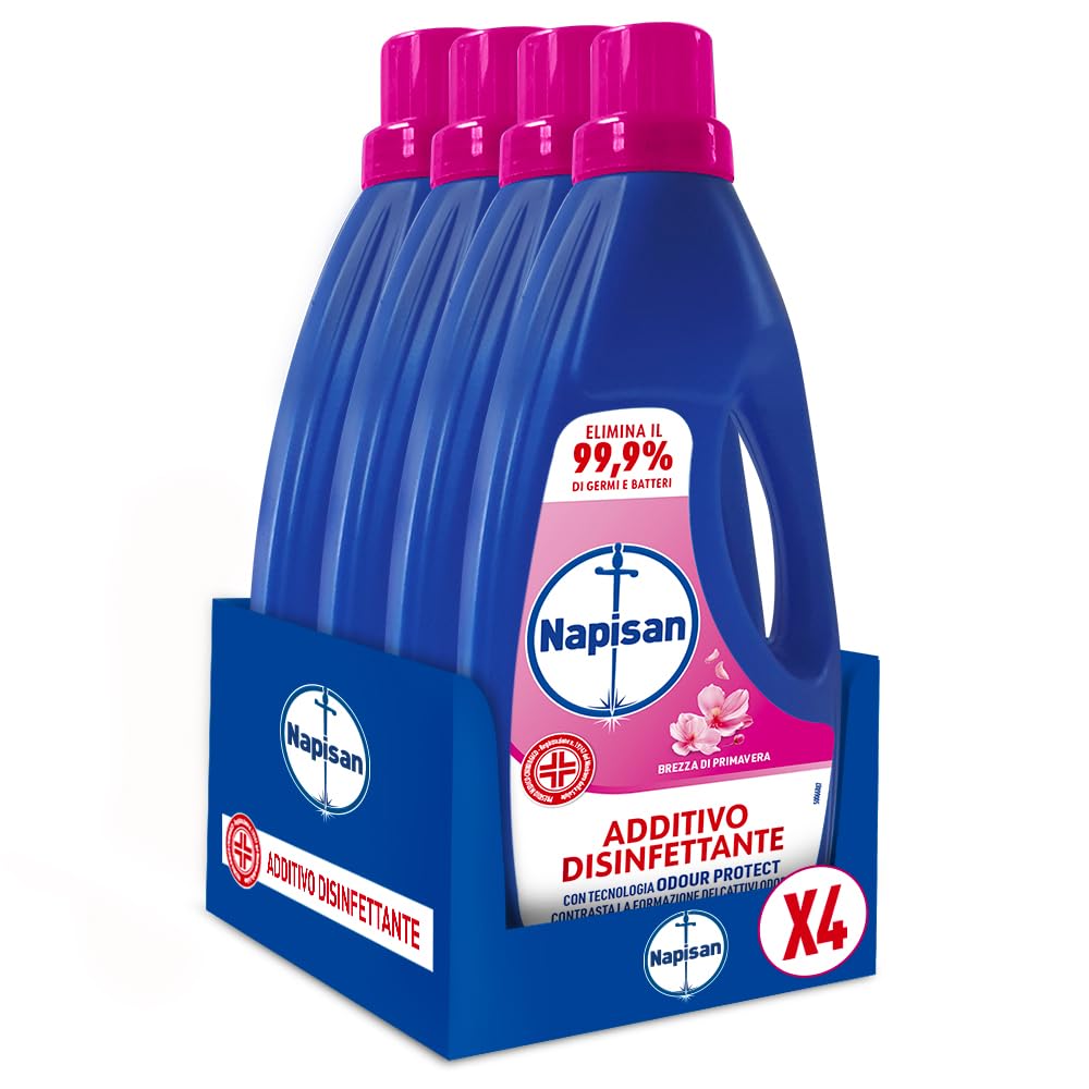 Napisan Additivo Disinfettante Lavatrice alla Fragranza Brezza di Primavera, 4 Confezione da1 Litro di Additivo Liquido per Lavatrice, Contro i Batteri e i Cattivi Odori (Confezione da 4)