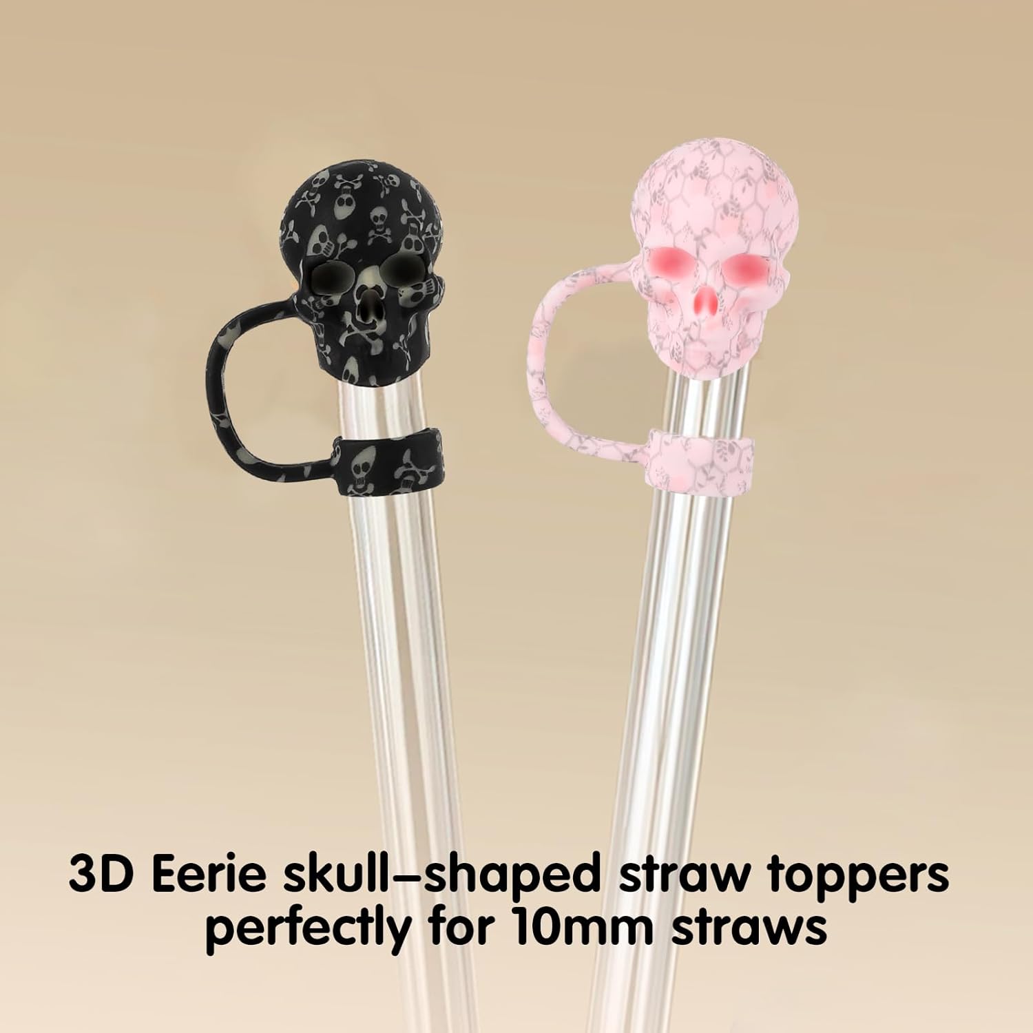 2 Pack Skull Straw Toppers for Stanley Cup 30&40oz, Tumbler Water Cup Accessories, Reusable Dust-Proof 3D Straw Cover Cap, Hollaween Gift (Black&Pink) - Image 3
