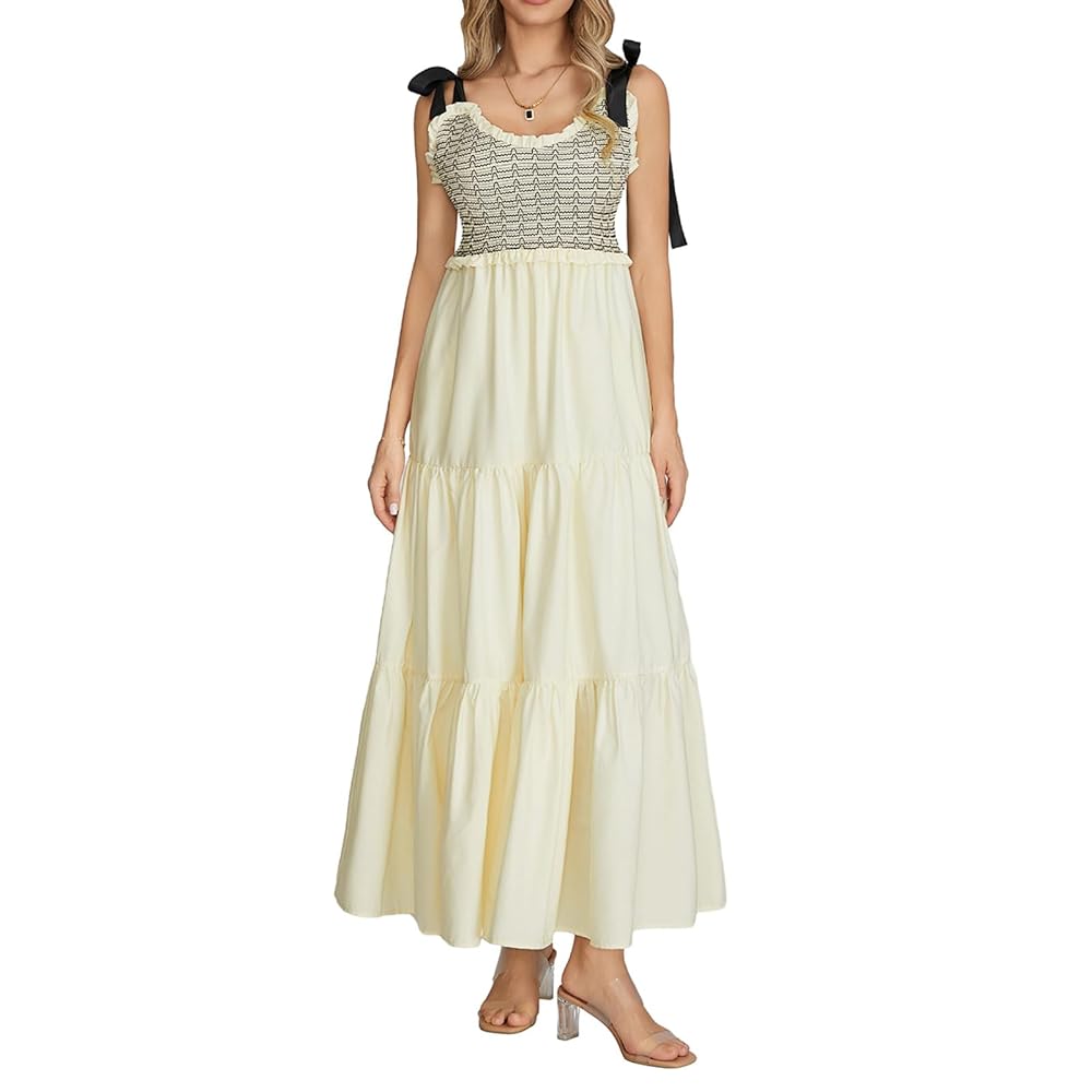 lisenraIn Women Tie Strap Smocked Maxi Dress Ruffle Tiered