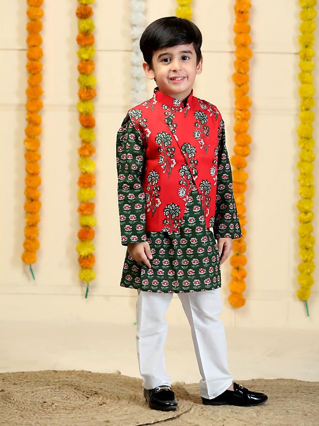 Image of The Mom Store Boys Printed Cotton Kurta Pajama Set With Jacket | Soft And Comfortable Ethnic Wear For Baby /Kids Boys | Full Sleeves Kurta Pyjama Set | Traditional Indian Outfit