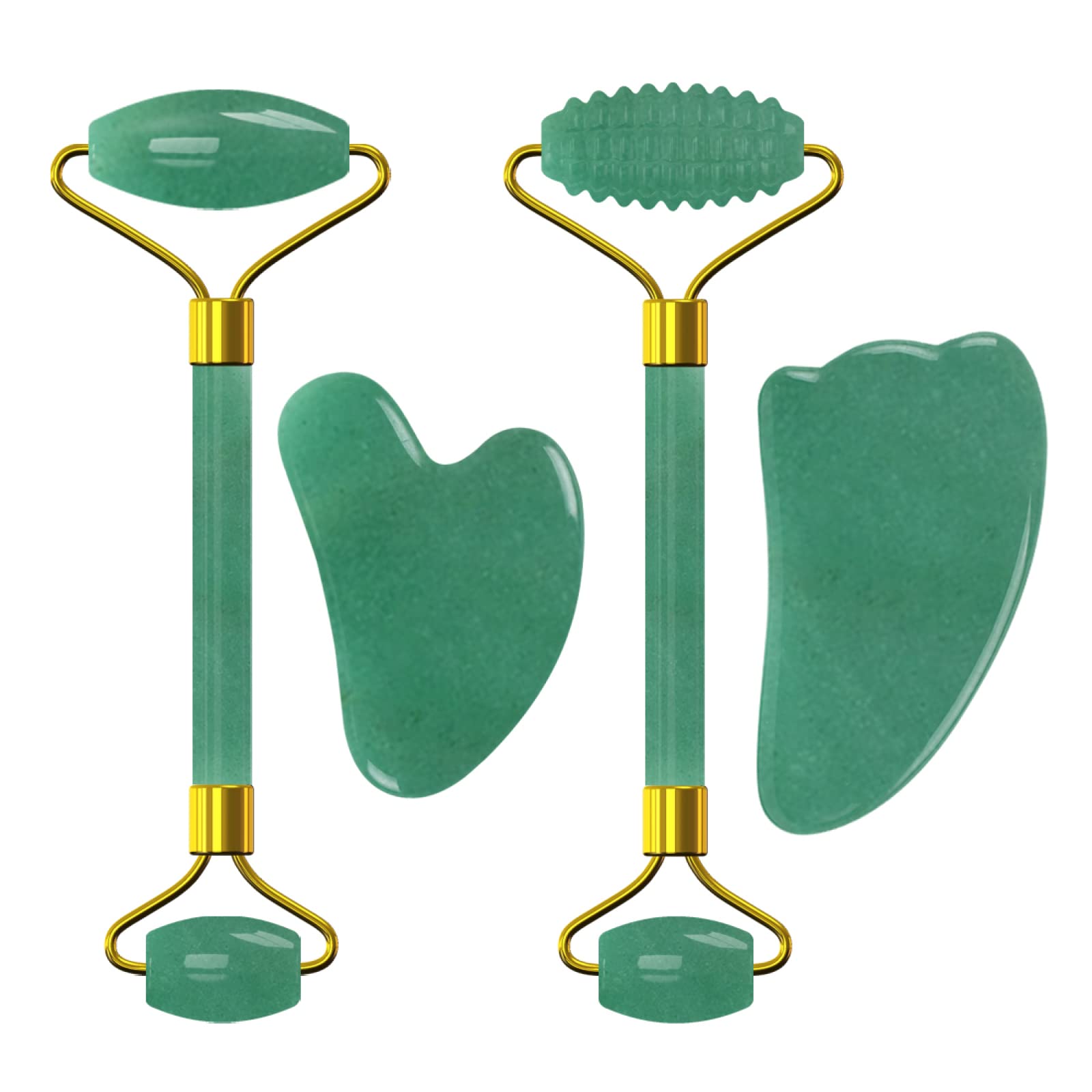 Rouleau de jade Gua Sha - Grattoir en cristal - Masseur facial - Outils de soins de la peau - Lot de 4 en 1