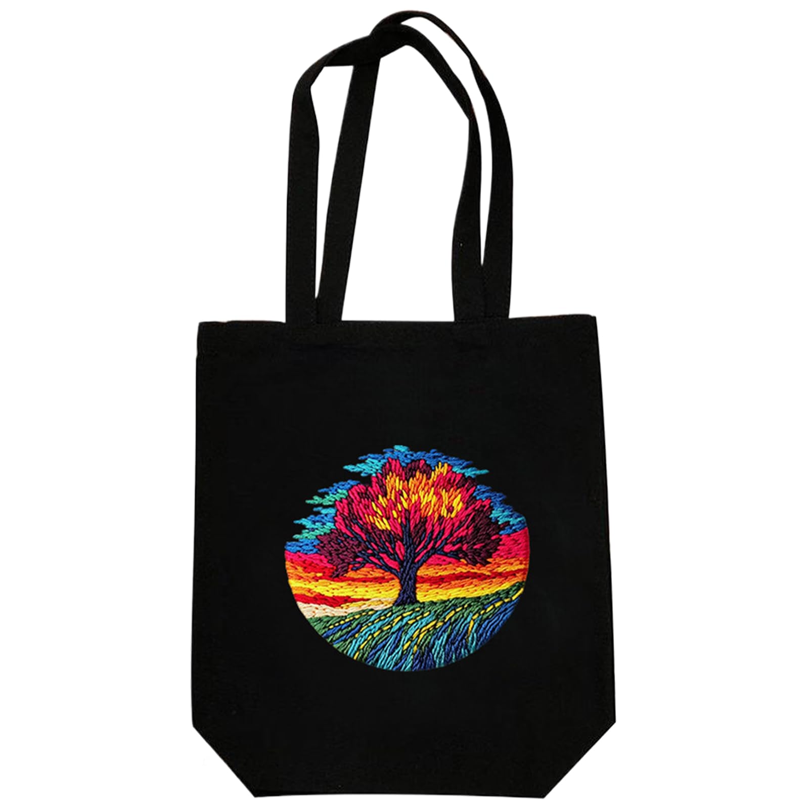 POETRYDRAW Rainbow Tree Canvas Tote Bag Embroidery Kit with Hoop Frame DIY Handbag Sewing Materials 12.5x14.4in