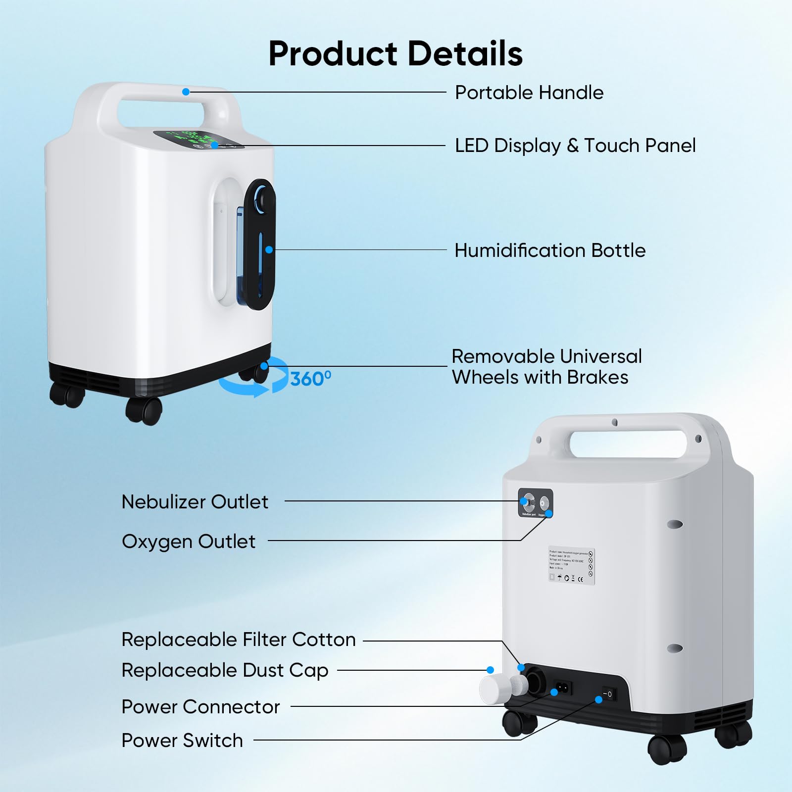 Concentratore di ossigeno portatile per la casa, Xandoril, 1-8 l/min, concentrazione del 93%, adatto per adulti e bambini, con telecomando, basso rumore < 50 dB