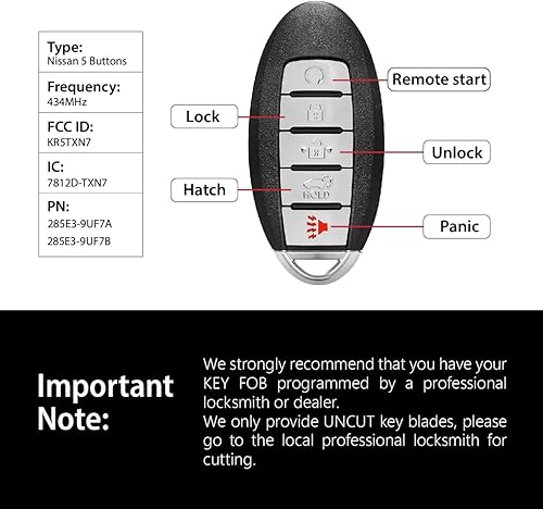 Miniatura 3 de Control remoto de entrada sin llave KR5TXN7 434MHz 5 botones de repuesto para Nissan Murano Pathfinder Infiniti QX60 2019 - 2020