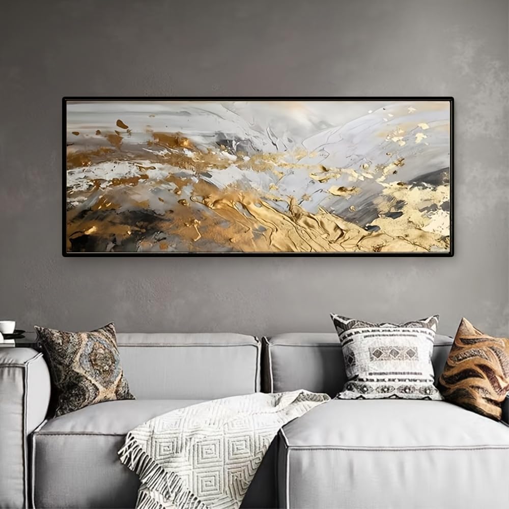 UUDEZO Modern Oil Painting Framed Abstract Golden Foil Ocean Landscape Art with Wall Decor for Living Room(65x130cm/(25x51inch)/with Frame)