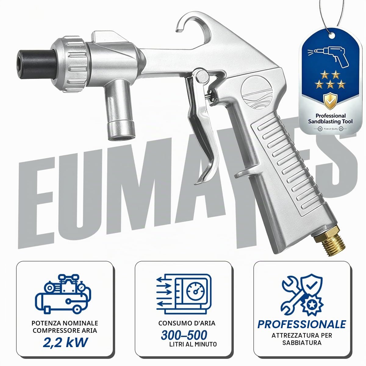 Kit di Pistola Sabbiatrice per Compressore, Pistola per Sabbiatura con Ugello Lungo per Sabbiatura e Ugelli in Metallo di Calibro 5MM/6MM, Tubo in Gomma e Collegamento all'aria per Sabbiatura
