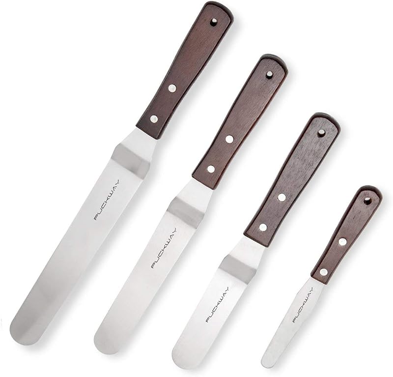 Offset Cake Icing Spatula Set of 4, 4"-6"-8"-10" | Professional Stainless Steel, Cake Decorating Frosting Spatulas, Flexible Resistant Blade, Wooden Handle For Easy Grip