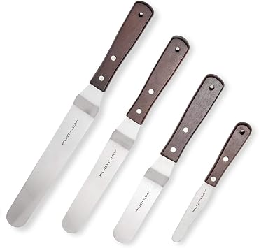 Offset Cake Icing Spatula Set of 4- Professional Stainless Steel Cake Decorating Frosting Spatulas, 4"-6"-8"-10" Flexible Resistant Blade, Wooden Handle For Easy Grip