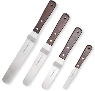 Offset Cake Icing Spatula Set of 4, 4"-6"-8"-10" | Professional Stainless Steel, Cake Decorating Frosting Spatulas, Flexible Resistant Blade, Wooden Handle For Easy Grip
