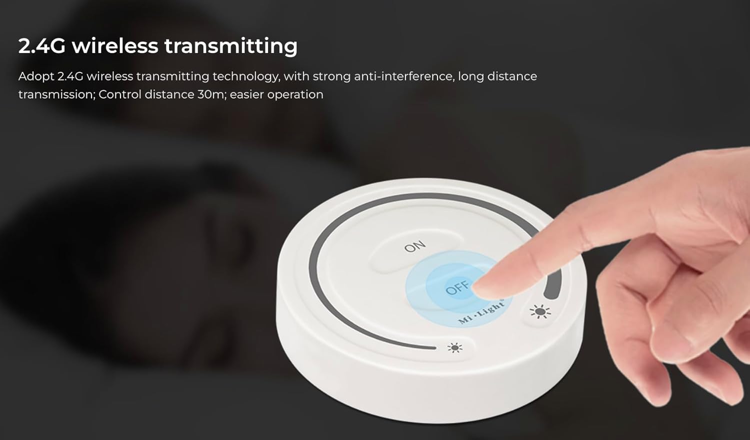 MiBOXER FUT087 remote demonstrating 2.4G wireless transmitting