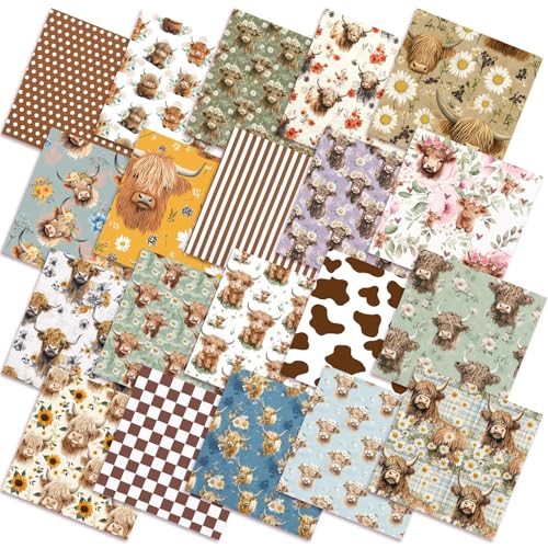 Ganeen 60 Pcs 10 x 10 Inch Highland Cow Quilting Fabric Squares Vintage Highland Cow Fat Patchwork Precut Strips Retro Multicolor Fabric Bundles for Holiday DIY Craft Sewing Quilt Material Handmade