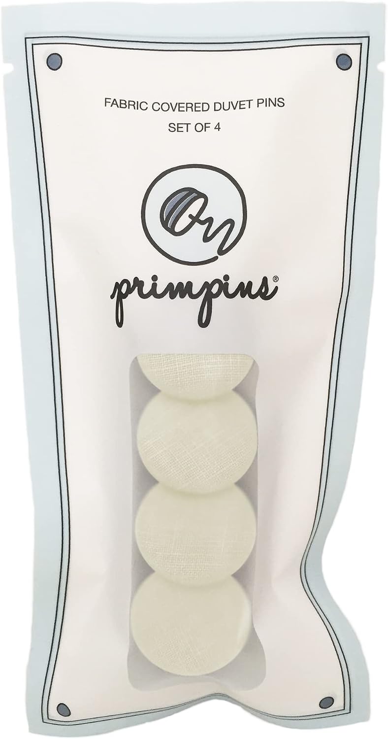 Primpins Duvet Clips - Keeps Comforter from Shifting in Cover - Double Sided Pin Fasteners - 100% Linen Fabric Buttons - Ivory - Set of 4