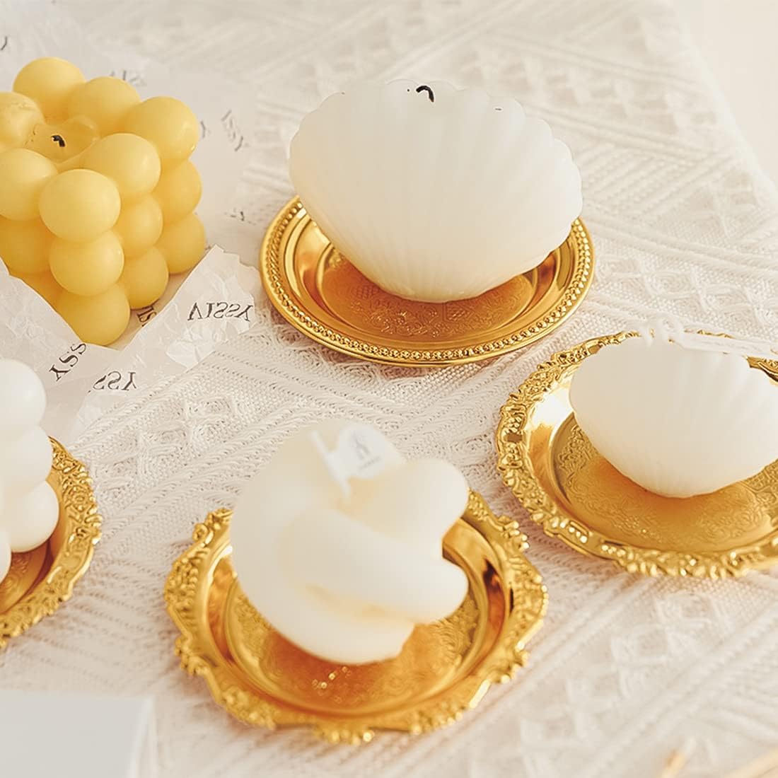 4 Pcs Gold Decor Pattern Relief Iron Plate Candle Tealight Holders Decorative, 4.0" Votive Candle Holders Bulk for Candle Home Coffee Table Centerpiece for Dining, Living Room, Gifts for Wedding