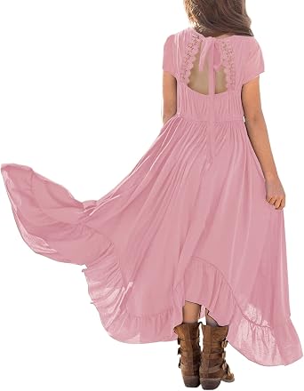 MITILLY Girls Boho Lace Flower Backless Crew Neck Long Sleeve Ruffle Swing Maxi Dress with Pockets