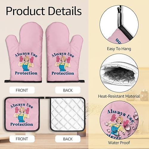 Miniatura 3 de Always Use Protection - Juego de guantes de horno y soportes para ollas, divertidos guantes de cocina retro para panaderos, regalos de inauguración