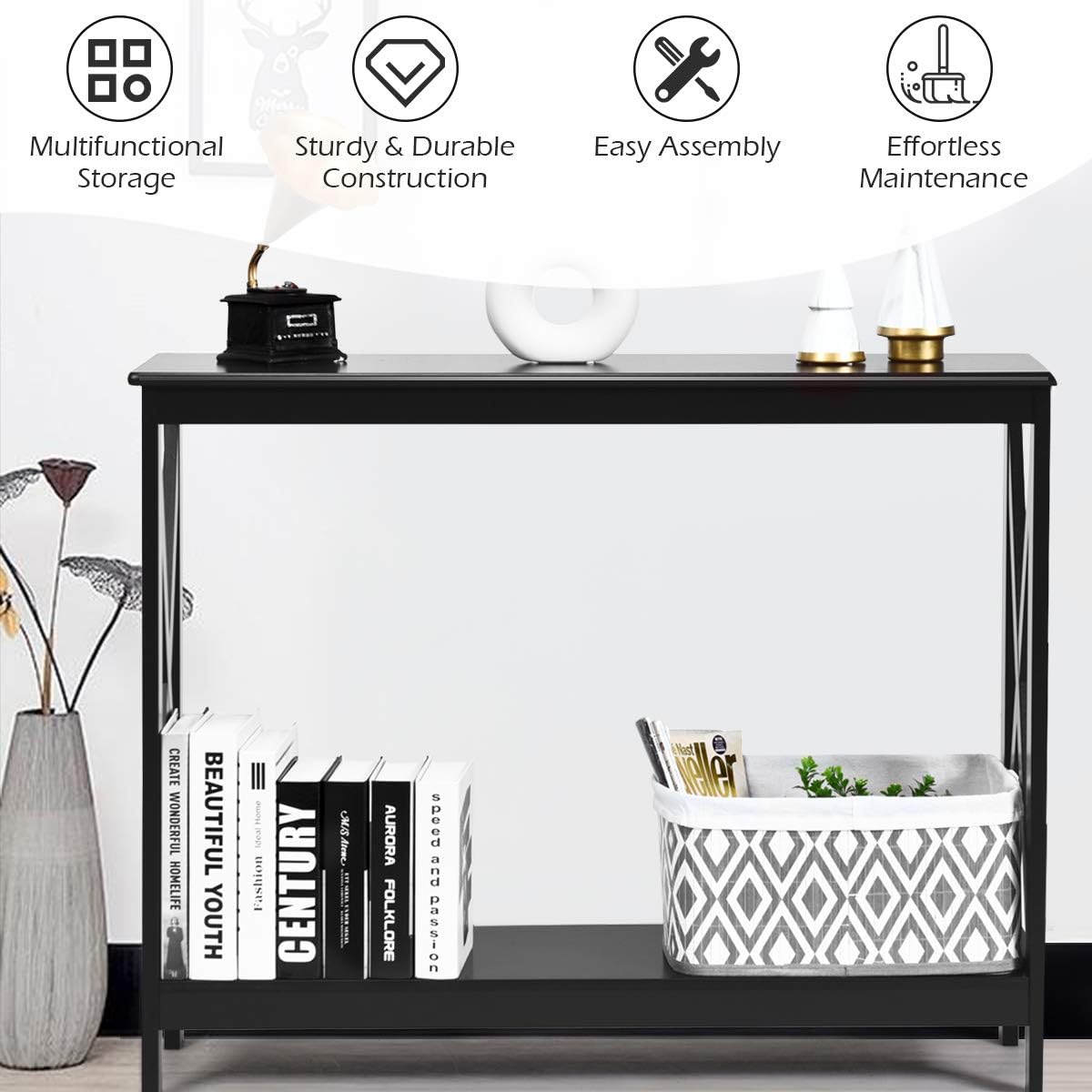 Giantex Console Table 2-Tier with Storage Shelf,X-Design Bookshelf Narrow Accent Table for Entryway Hallway Living Room Sofa Side Table (Black)