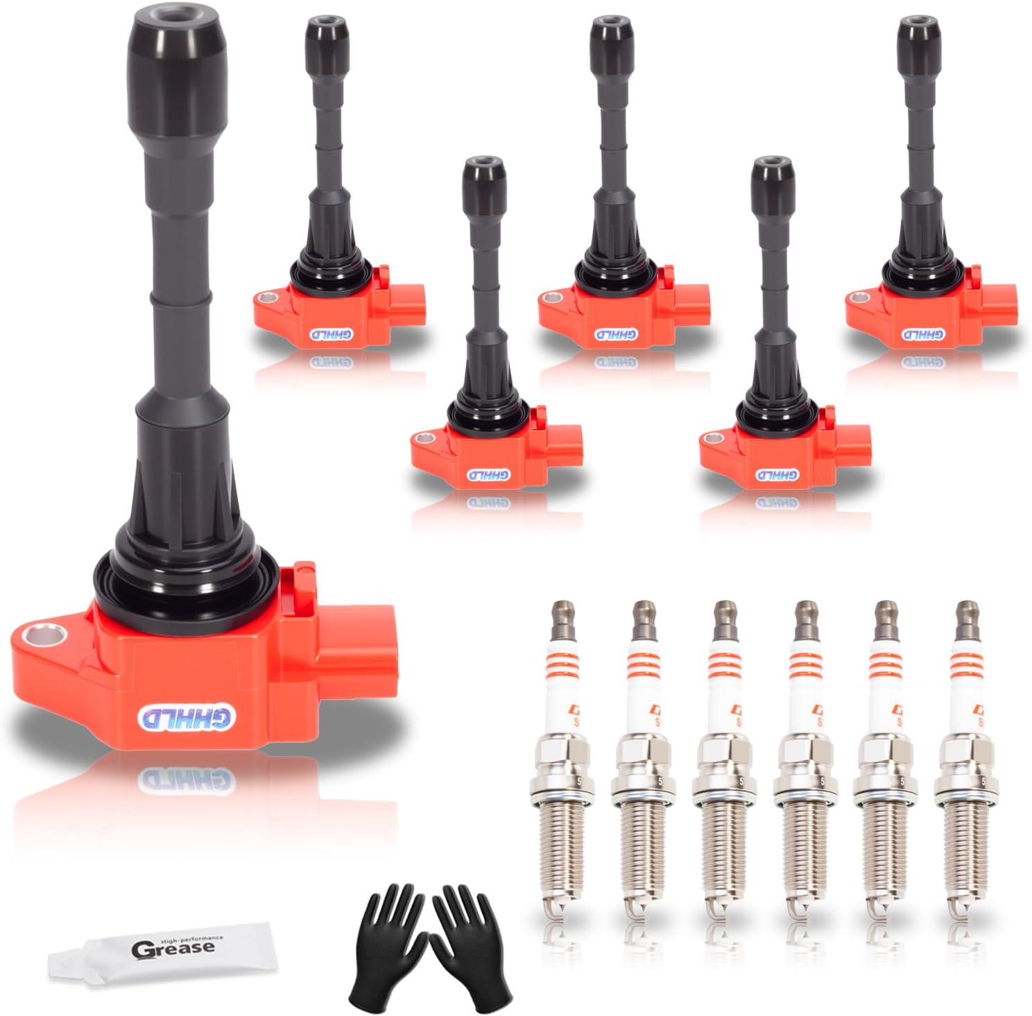 Set of 6 Red Upgraded Ignition Coil Pack and Spark Plugs for Infiniti G37 G 37 M37 EX37, for Nissan 370Z 2008 2009 2010 2011 2012 2013 2014 2015 2016 2017 3.7 V6 Replaces UF617