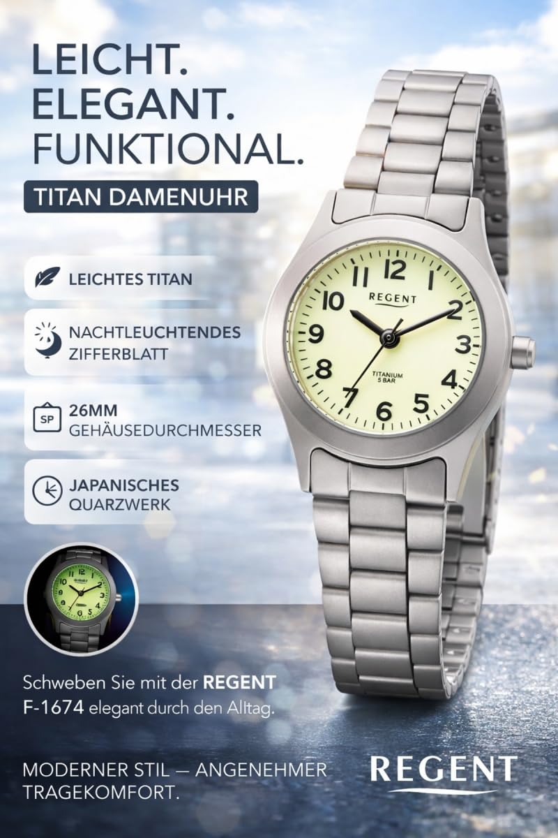 REGENT F-1674 Damenuhr Damen Armbanduhr Titan silberfarben 26 mm Quarz Leuchtzifferblatt 5 ATM Mineralglas