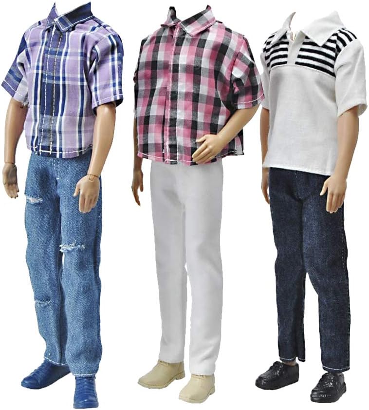 3 Sets Fashion Casual Wear Plaid Doll Clothes Jacket Pants Outfits with 3 Pairs Shoes for 12 Inches Dolls