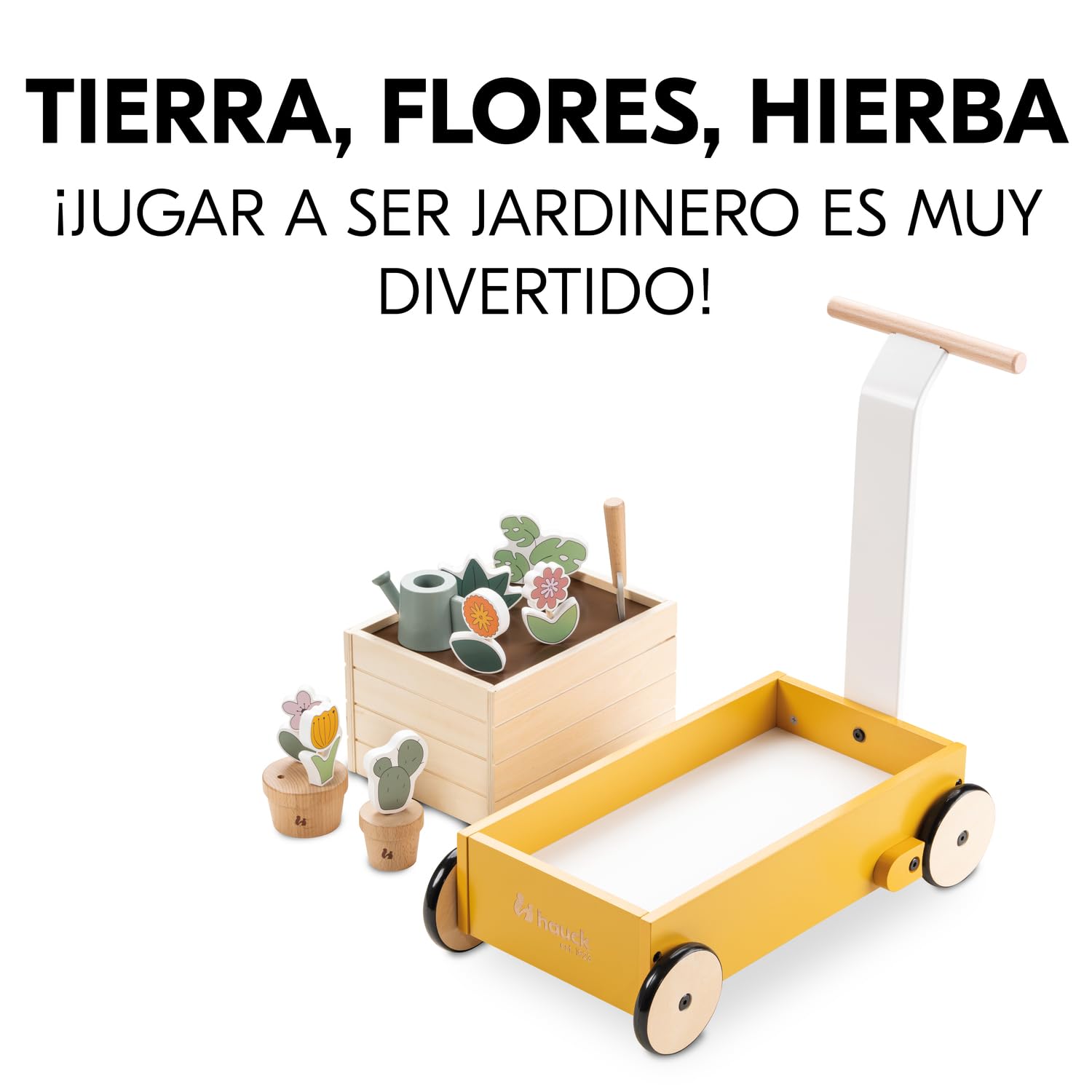 hauck Carrito Andador Bebé Learn to Walk Plants | Correpasillos Apto desde 1 Año con Freno - Juguete de Madera Certificada FSC® con Accesorios - Juego Educativo y Creativo