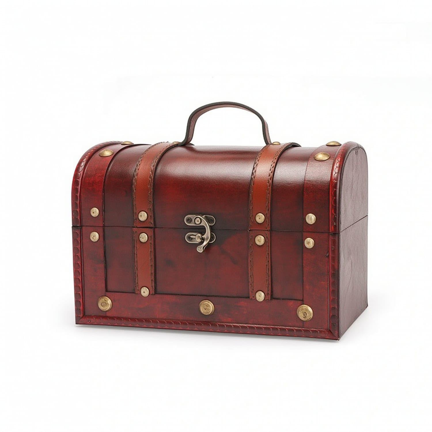 Antique-Style Wooden Storage Chest Tabletop Wooden Chest with Curved Lid Rectangular Decorative Trunk Stylish for Decorators, Collectors, Home Decor, Escape Rooms, Red Buckle-image-41