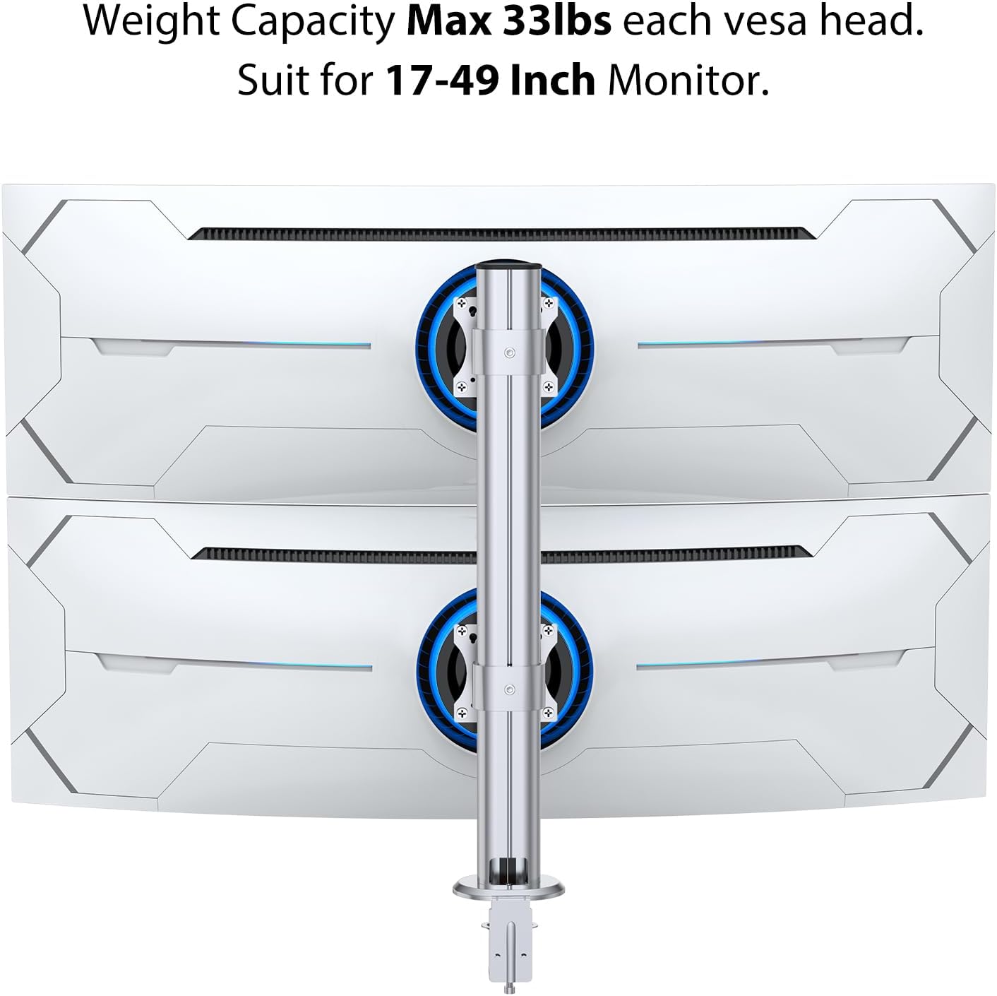 BEWISER Dual Monitor Desk Mount- Vertical Heavy Duty Monitor Stand Clamp Mount Fits Two 17 to 49 Inch Screen with Swivel, Tilt, Height Adjustable,Weight Capacity up to 33 lbs