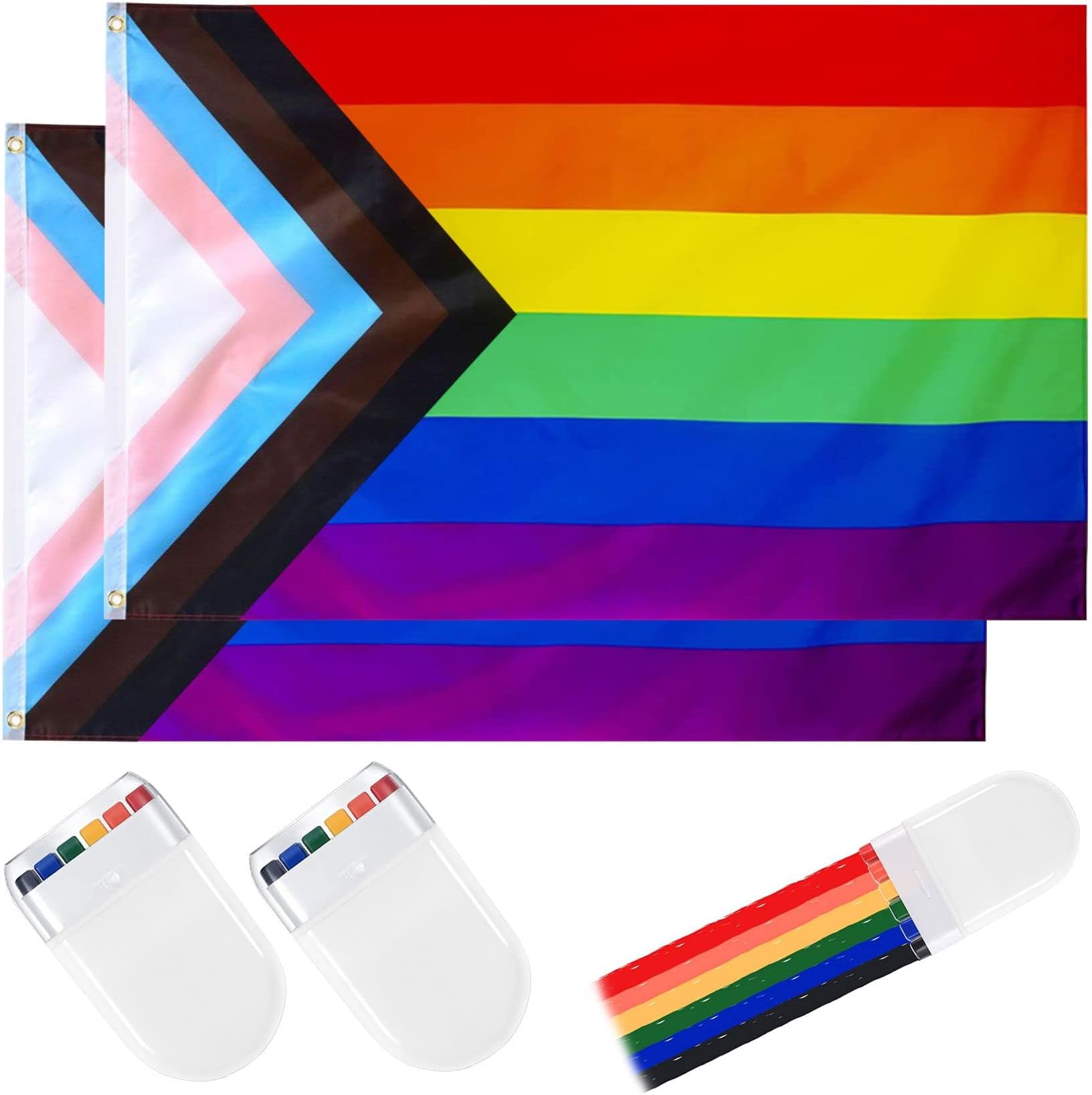 2PCS Gay Pride Flag + 2PCS Pride Face Paint, Rainbow Flag for LGBTQ, Foonii Gay Flag Progress Pride Flag for Parade Festival Decorations And Celebrations (3x5 FT)
