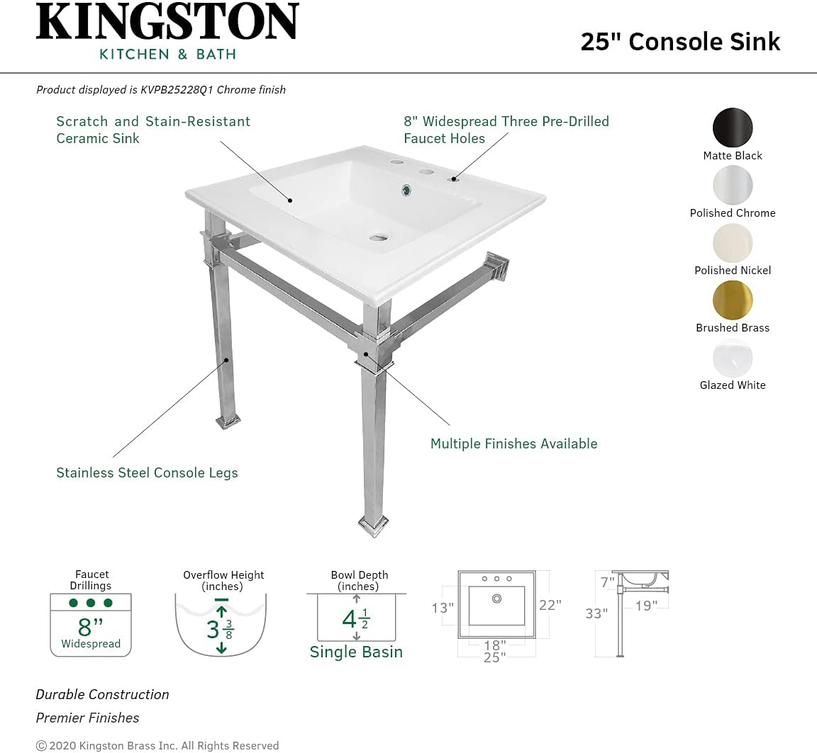 Kingston Brass KVPB25228Q7 Monarch 25-Inch Ceramic Console Sink (8" Faucet Drilling), White/Brushed Brass