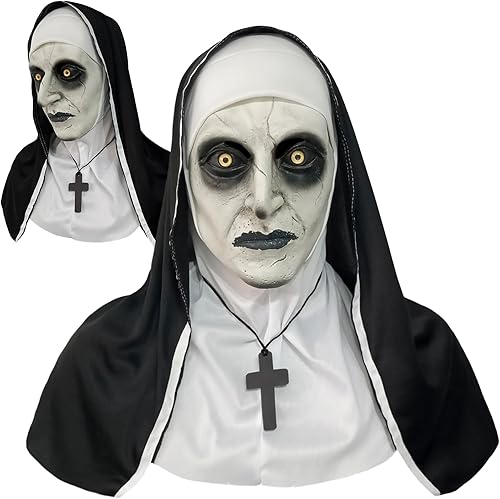 KamdFoen Máscara de látex aterradora de monja de terror para fiesta de Halloween, disfraz de monja de terror, máscara de cosplay de cabeza completa,