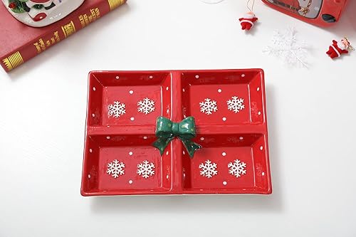 Miniatura 4 de Servidor festivo de cerámica de 4 secciones con temática navideña de copo de nieve rojo