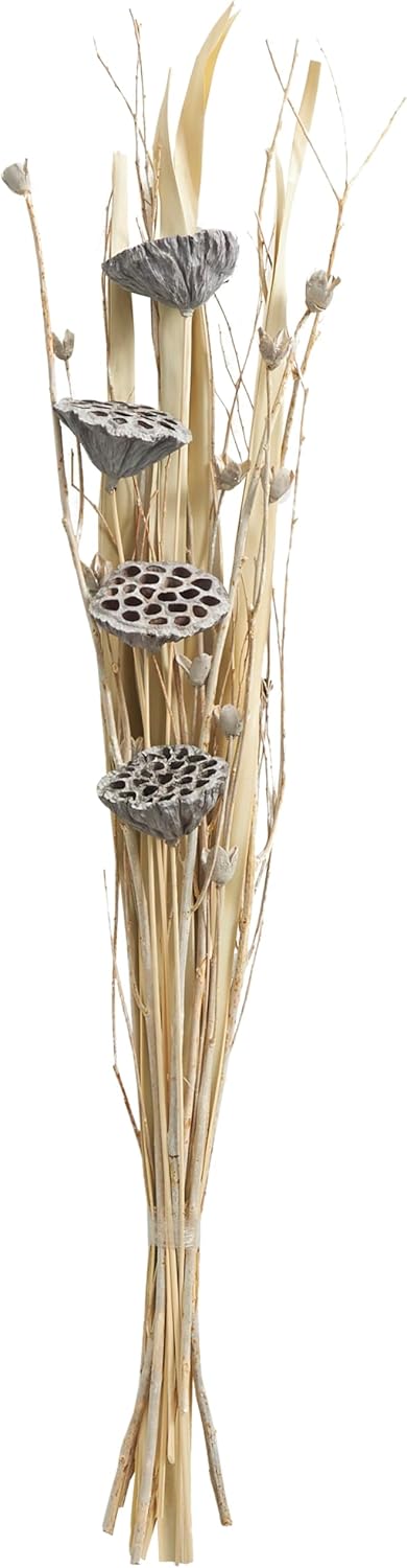 Deco 79 Dried Plant Lotus Flower Handmade Natural Foliage Tall Bouquet with Grass and Branch Accents, 9" x 6" x 40", Gray
